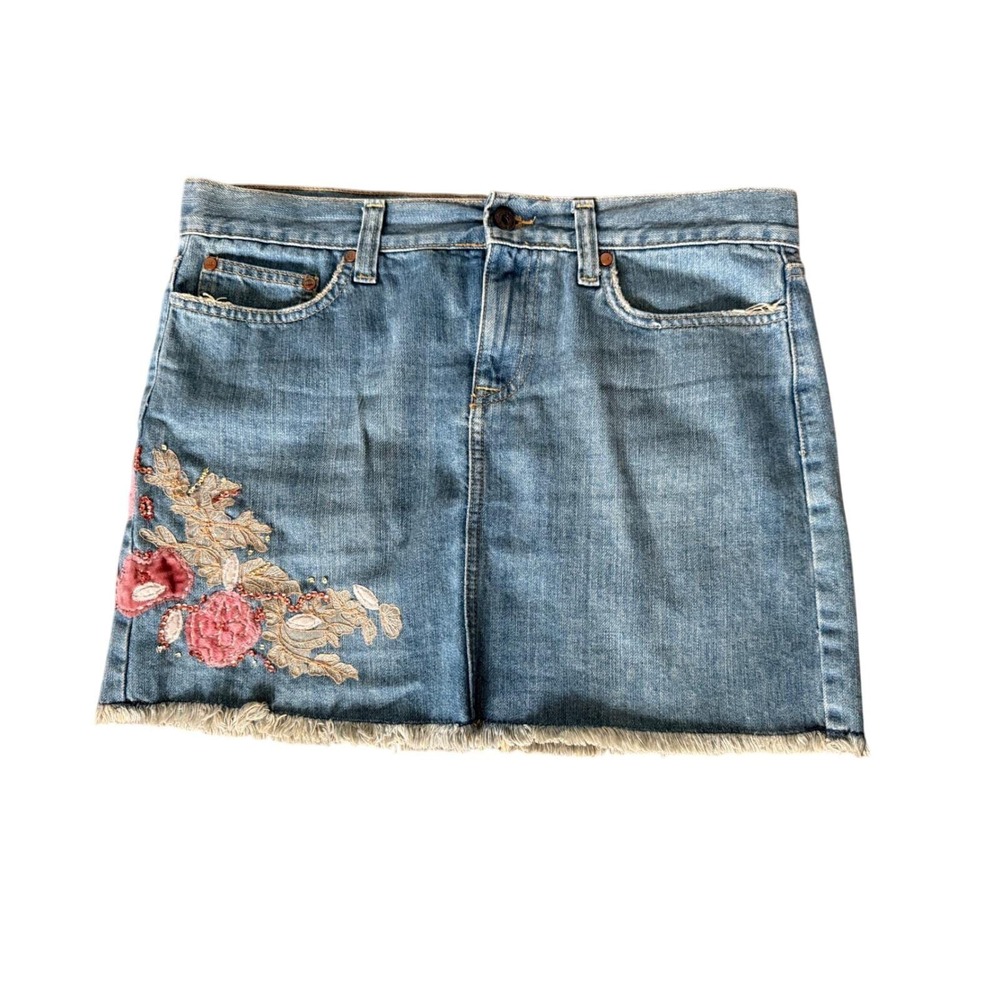 Old Navy Floral Embroidered Denim Mini Skirt Size 8 Y2K Fringe Hem Fall 2006
